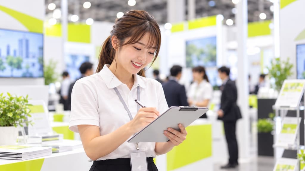 展示会のブースでクリップボードに記録をつけるPATHOSのスタッフ